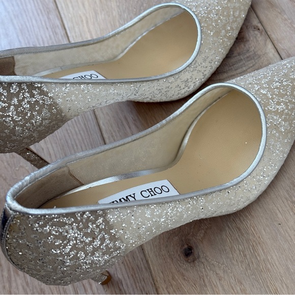 NEW Jimmy Choo Romy 85 Silver Glitter Tulle and Metallic Nappa Pointy-Toe Pumps - Picture 5 of 6